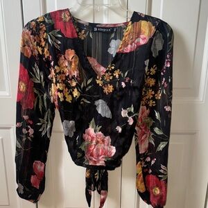 Allegra K Floral V-Neck Blouse - Black and Red